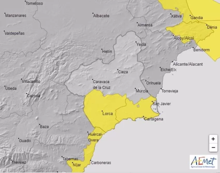La Aemet amplía el aviso amarillo por lluvia en el Valle del Guadalentín, Lorca, Águilas, Campo de Cartagena y Mazarrón