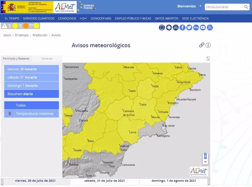 Meteorología mantiene este viernes el aviso amarillo por altas temperaturas en la Región