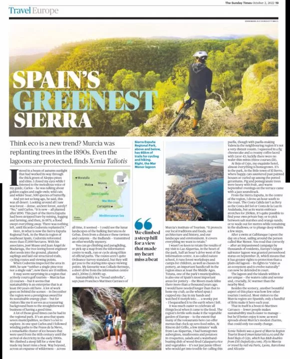 'The Sunday Times' anima a descubrir Murcia con Sierra Espuña como destino idóneo de ecoturismo