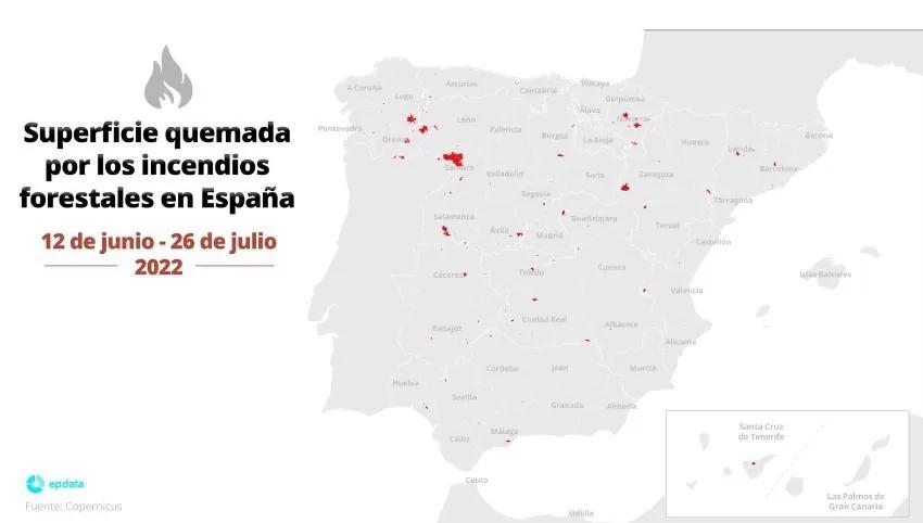 Superficies quemadas por los incendios forestales de junio y julio en ...